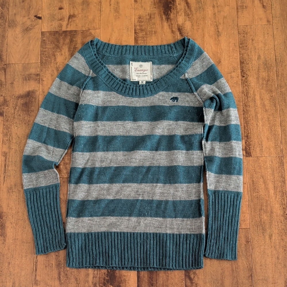 Energie Blue and Gray Striped Scoop Neck Sweater